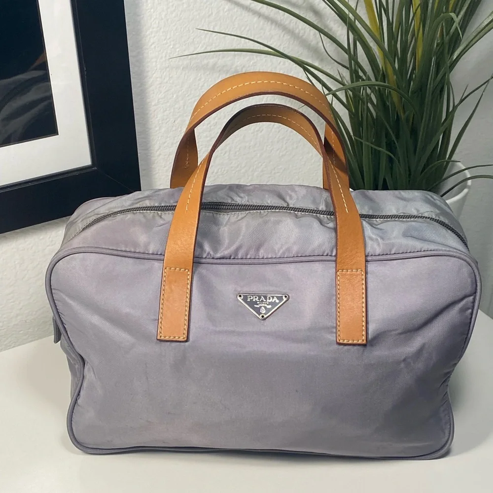 Prada Gray Nylon Satchel with Tan Leather Handles